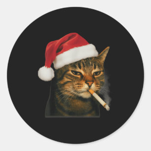Sticker Rond Chat Fumeur Cigarette Noël Chapeau Santa Chat Meme