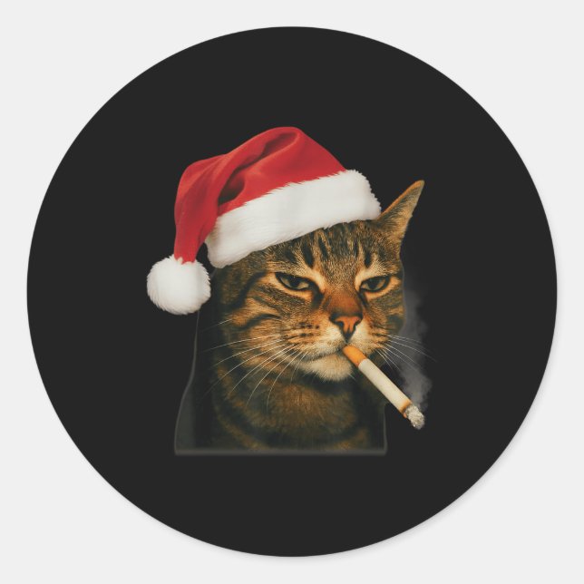 Sticker Rond Chat Fumeur Cigarette Noël Chapeau Santa Chat Meme (Devant)