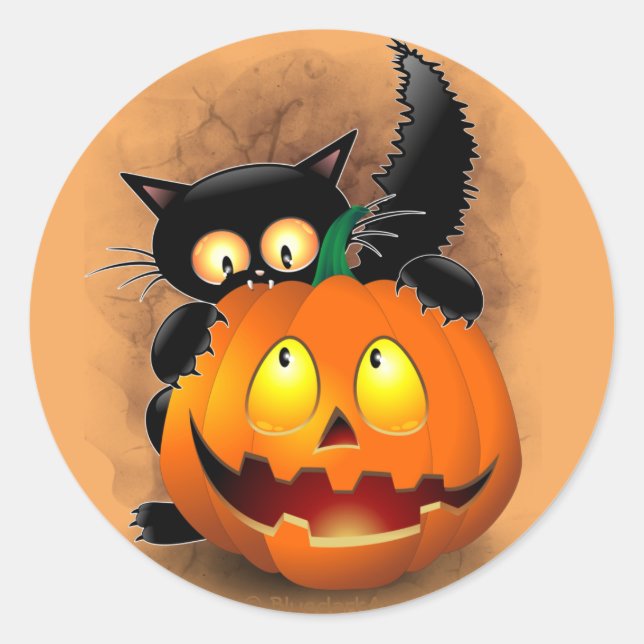 Sticker Rond Chat Fun Halloween Caractère mordant un Citrouille (Devant)