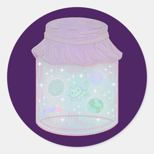 Sticker Rond Chat Galaxie dans un Pot | Art de Chat Spatial Kaw (Devant)