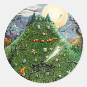 STICKER ROND CHAT GHOSES DANS NEUF CIMETIÈRE DE VIE, ART FOLK É