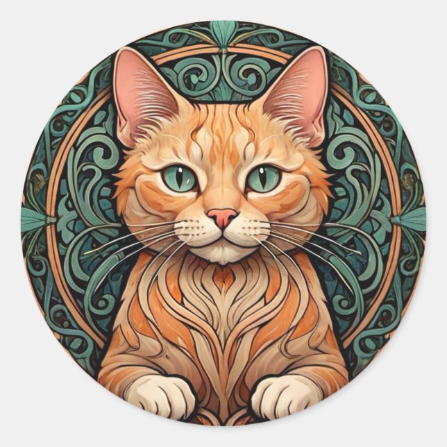 Sticker Rond Chat Ginger Art Nouveau (Devant)