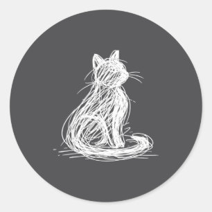 Sticker Rond Chat Gribouillé Minimalisme Ligne Art Japonais 