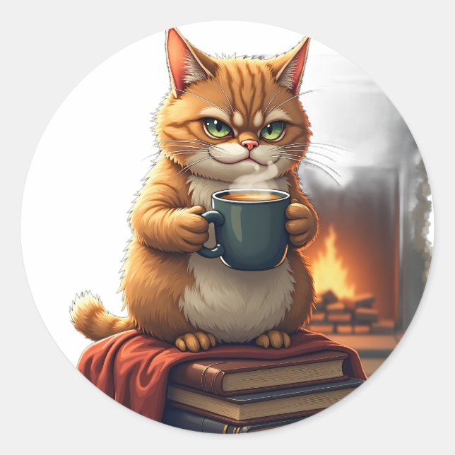 Sticker Rond Chat grincheux addict au café Routine matinale Vin (Devant)