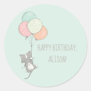 Sticker Rond Chat gris doux avec la fête d'anniversaire de