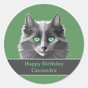 Sticker Rond Chat Gris Fluffy et Message d'Anniversaire ou d'Oc