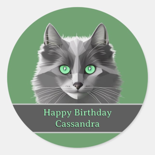 Sticker Rond Chat Gris Fluffy et Message d'Anniversaire ou d'Oc (Devant)