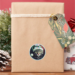 Sticker Rond Chat Gris Tabby à Noël en Verre Coloré avec Chapea