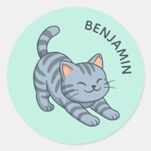 Sticker Rond Chat Gris Tabby Étiré Nom Personnalisé Vert