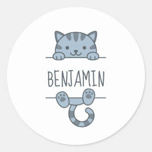 Sticker Rond Chat Gris Tabby Se Cachant derrière un Nom Personn