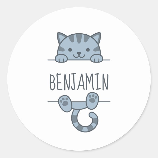 Sticker Rond Chat Gris Tabby Se Cachant derrière un Nom Personn (Devant)