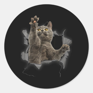 Sticker Rond Chat Gris Tissu Déchiré Drôle Papa Chat Maman Chat