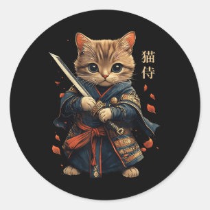 Sticker Rond Chat Guerrier Japonais Samurai Chat Tattoo Kawaii