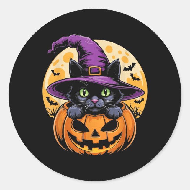 Sticker Rond Chat Halloween Citrouille Chat Noir Épouvantable E (Devant)