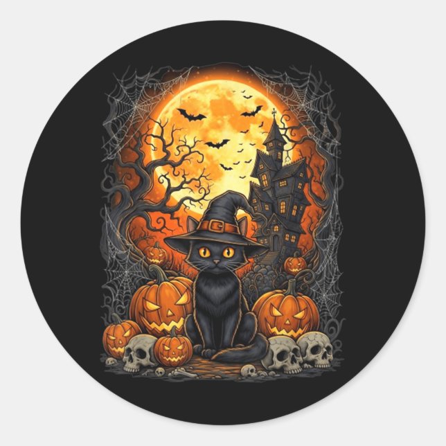 Sticker Rond Chat Halloween Citrouille Noir (Devant)