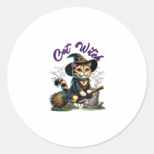Sticker Rond Chat Halloween Costume de sorcière Fermier Famille