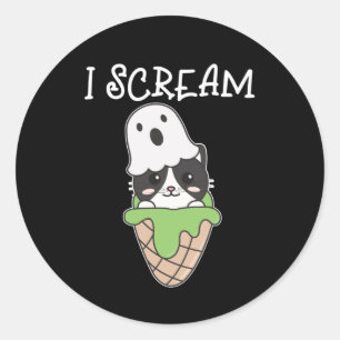 Sticker Rond Chat Halloween Ghost I Scream Ice Cream Pun