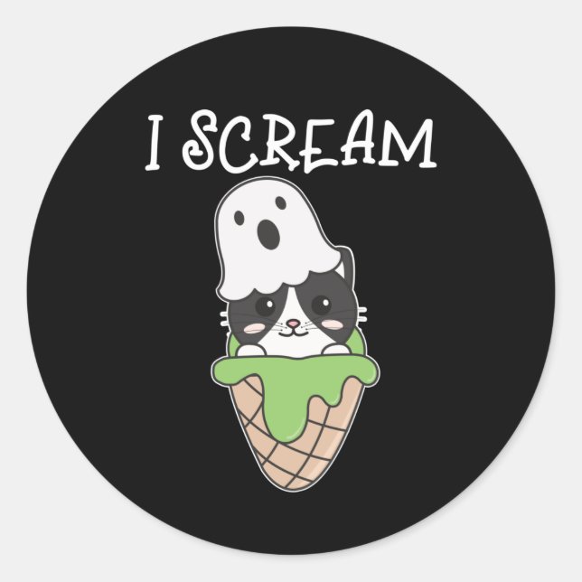 Sticker Rond Chat Halloween Ghost I Scream Ice Cream Pun (Devant)