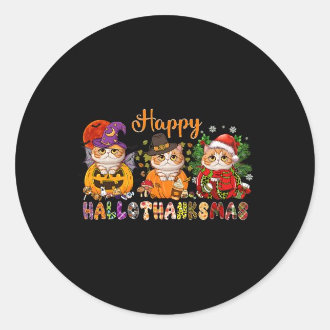 Sticker Rond Chat Halloween Noël Joyeux Hallothanksmans Merci (Devant)