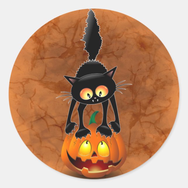 Sticker Rond Chat Halloween personnage de dessin effrayé debout (Devant)