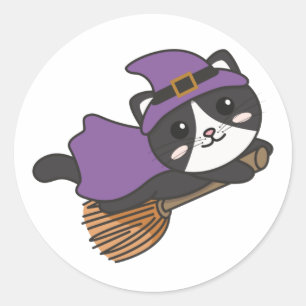 Sticker Rond Chat Halloween Sorcière Enfants Costume sorcier Cl