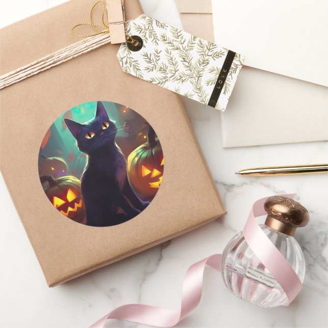Sticker Rond Chat Halloween Tuxedo Avec Peur Citrouille (Cadeaux)