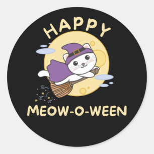 Sticker Rond Chat Happy Halloween Happy Meow-o-ween Classic Rou