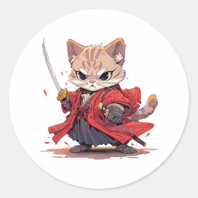 Sticker Rond Chat héros de style samouraï en colère (Devant)