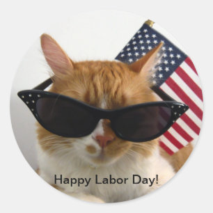 Sticker Rond Chat heureux de cool de Fête du travail avec