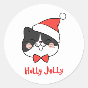 Sticker Rond Chat Holly Jolly Cute Kawaii Père Noël