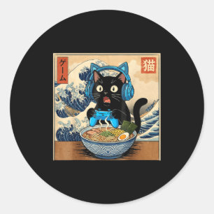 Sticker Rond Chat japonais mignon kawaii amateur de ramen et de