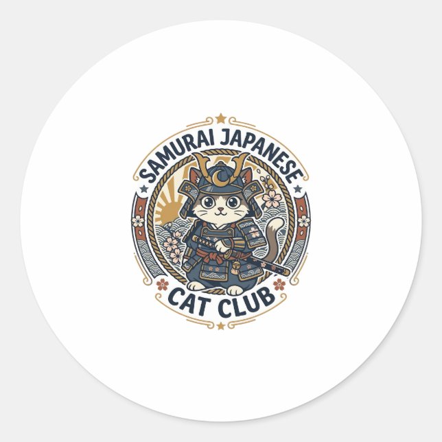 Sticker Rond Chat japonais samouraï Art vectoriel POD - Samoura (Devant)