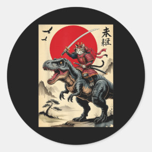 Sticker Rond Chat japonais samouraï vintage chevauchant un dino