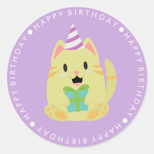Sticker Rond Chat jaune mignon Joyeux Anniversaire (Devant)