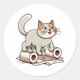 Sticker Rond Chat Jouant avec du Papier Toilette