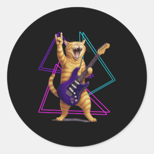 Sticker Rond Chat Jouant de la Guitare Rock Star Rock And Roll