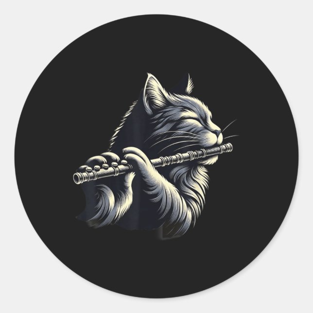 Sticker Rond Chat Jouer Flute Musicien Chats Lover (Devant)