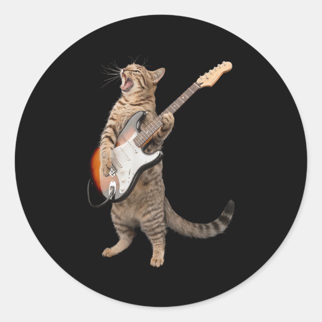Sticker Rond Chat Jouer Guitare Chemise Enfants Hommes Femmes R (Devant)