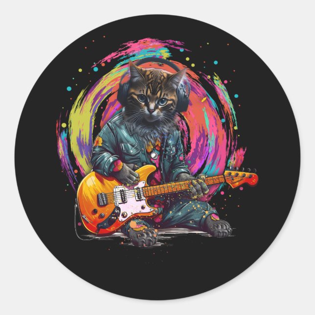 Sticker Rond Chat Jouer Guitare Électrique Rock Heavy Metal Mus (Devant)