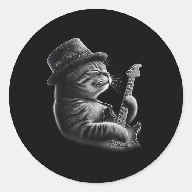 Sticker Rond Chat Jouer Guitare - Funny Rock Music Guitare Chat (Devant)