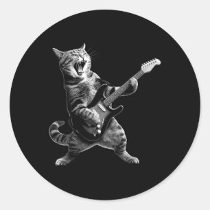 Sticker Rond Chat Jouer Guitare Rock Et Roll Rock Star Pour Hom