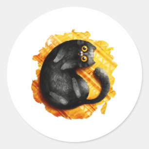 Sticker Rond Chat Joyeux Chat Noir Souriant Sur Un Tapis Jaune