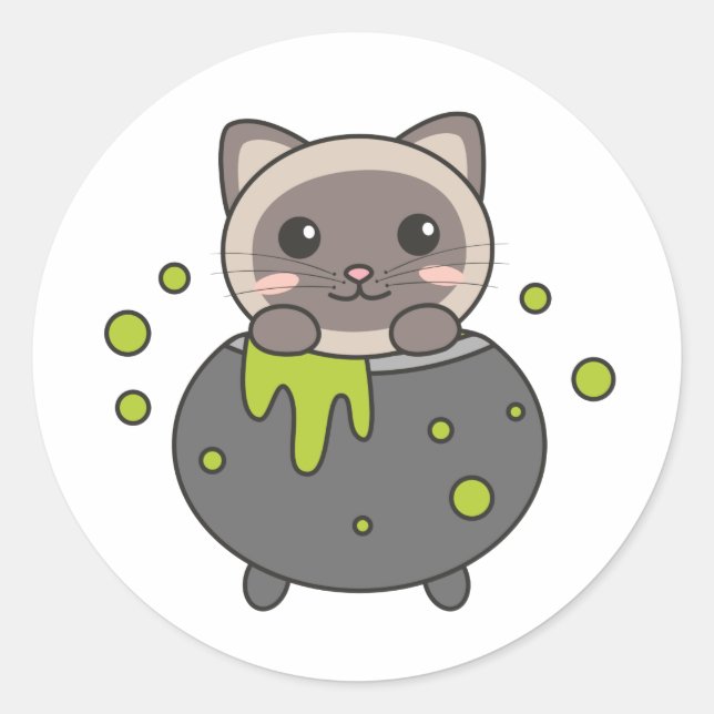 Sticker Rond Chat Joyeux Halloween Cauldron Bat (Devant)