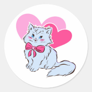 Sticker Rond Chat Kawaii Bleu Avec Nœud Rose & Cœurs