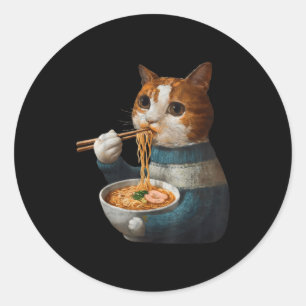 Sticker Rond Chat Kawaii Mangeant Des Nouilles Ramen Cadeau Drô