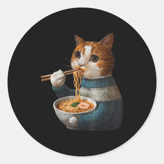 Sticker Rond Chat Kawaii Mangeant Des Nouilles Ramen Cadeau Drô (Devant)