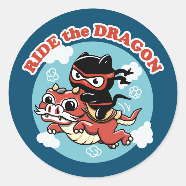 Sticker Rond Chat Kawaii Ninja | Ride Le Dragon (Devant)