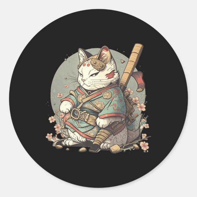 Sticker Rond Chat Kawaii Style Samurai Anime Kitten japonais (Devant)