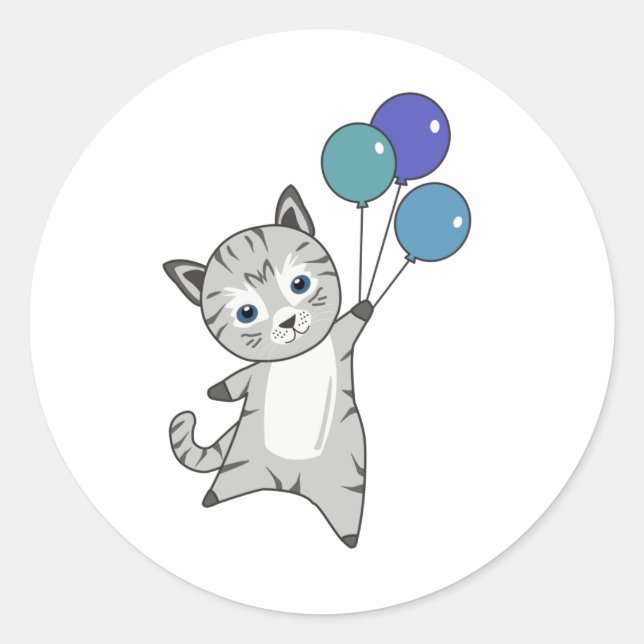 Sticker Rond Chat Kitten Ballons mignons Animaux Gris Chats (Devant)
