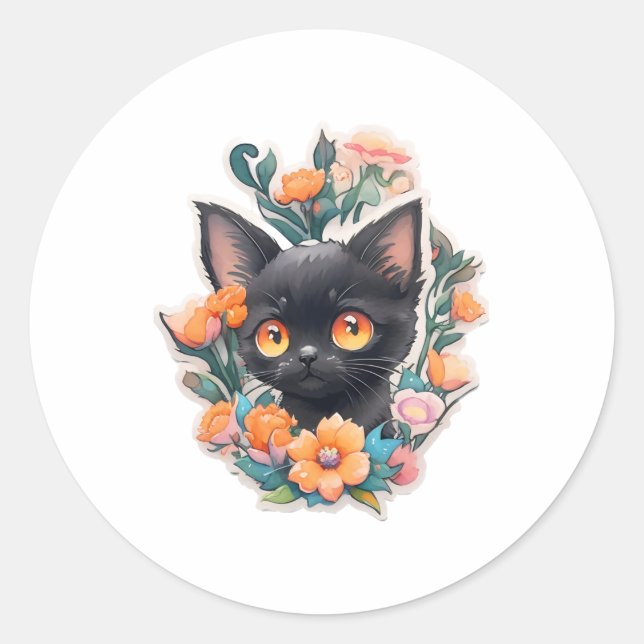 Sticker Rond Chat Kitty noir Kitten Neko (Devant)